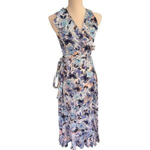 Poupette St Barth Gwen Wrapped Blue Mariposa Butterfly Flutter Maxi Dress S